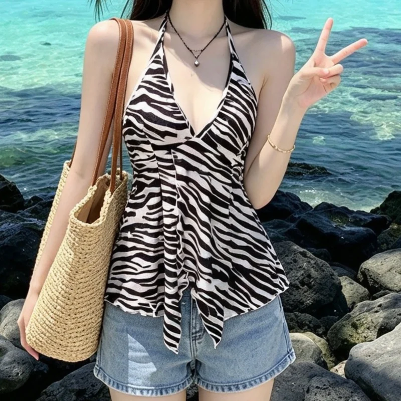 Women Y2K Zebra Striped Halter Dress Backless Asymmetrical Hem Sleeveless Streetwear Mini Dress