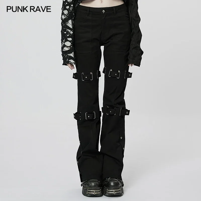 PUNK RAVE Women's Punk Style Micro Elastic Woven Flared Pants Trouser Legs Decorated with Eyelets Women Trousers Four Seasons