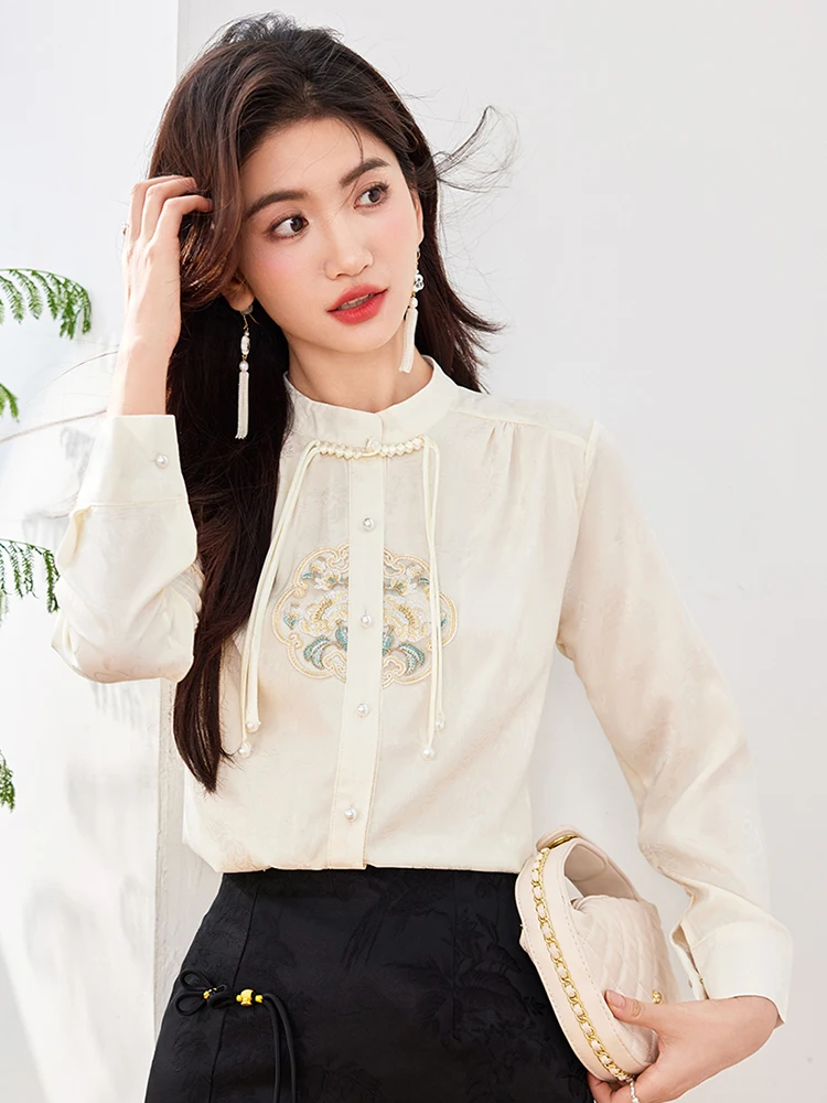 2024 Autumn New Chinese Style Embroidered Shirt Women Fashion Long Sleeve Blouse Elegant Female Design Sense Niche Tops