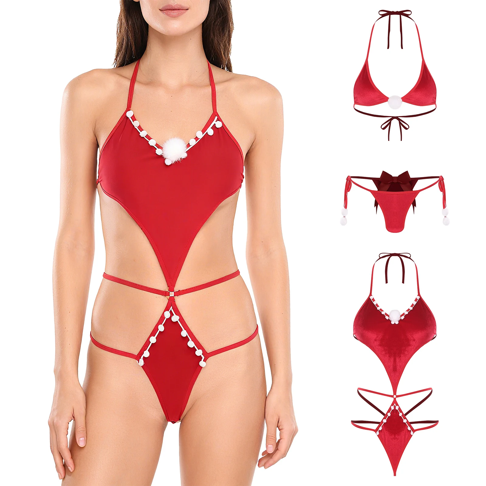 النساء عيد الميلاد المخملية الملابس الداخلية الدمى زي الدانتيل متابعة ارتداءها أو مجموعة البكيني Pompom ديكور ملابس نوم لعيد الميلاد عشية زوجين ألعاب