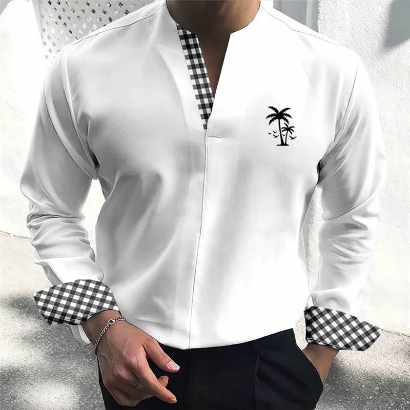 2023 Hawaiian Men\'s Top No Buckle Long Sleeve Stand Collar Seaside Outdoor Casual Street Comfortable Soft Material New Shirt 3XL