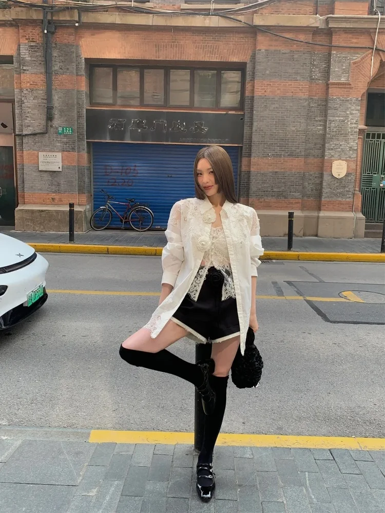 

6Jonibybeb Handmade Floral Lace Embroidery Patchwork White irt Lace Embroidery Patchwork Strap Women's Busin Casual irt