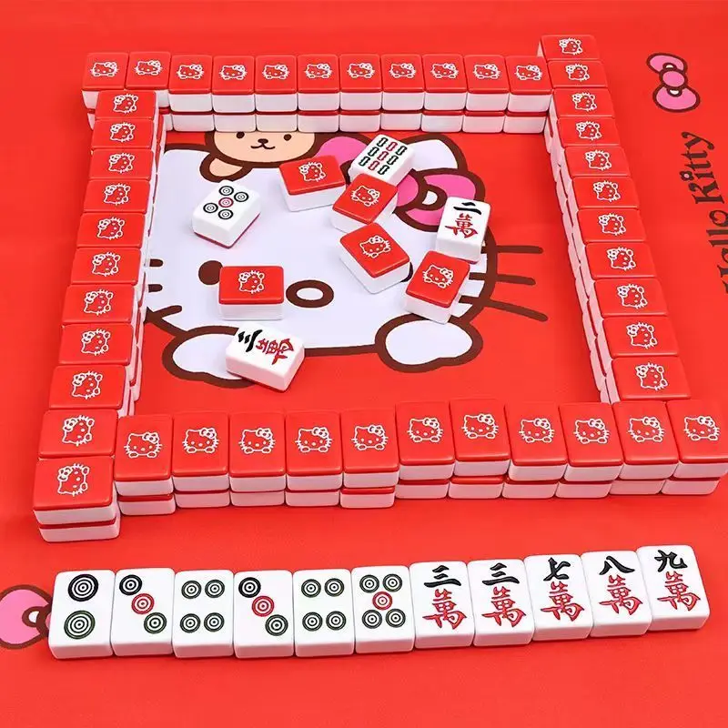 Kawaii sanrio anime olá kitty mini mahjong jogo conjunto entretenimento jogando cartas portátil vermelho mahjong jogo menino menina brinquedos presentes