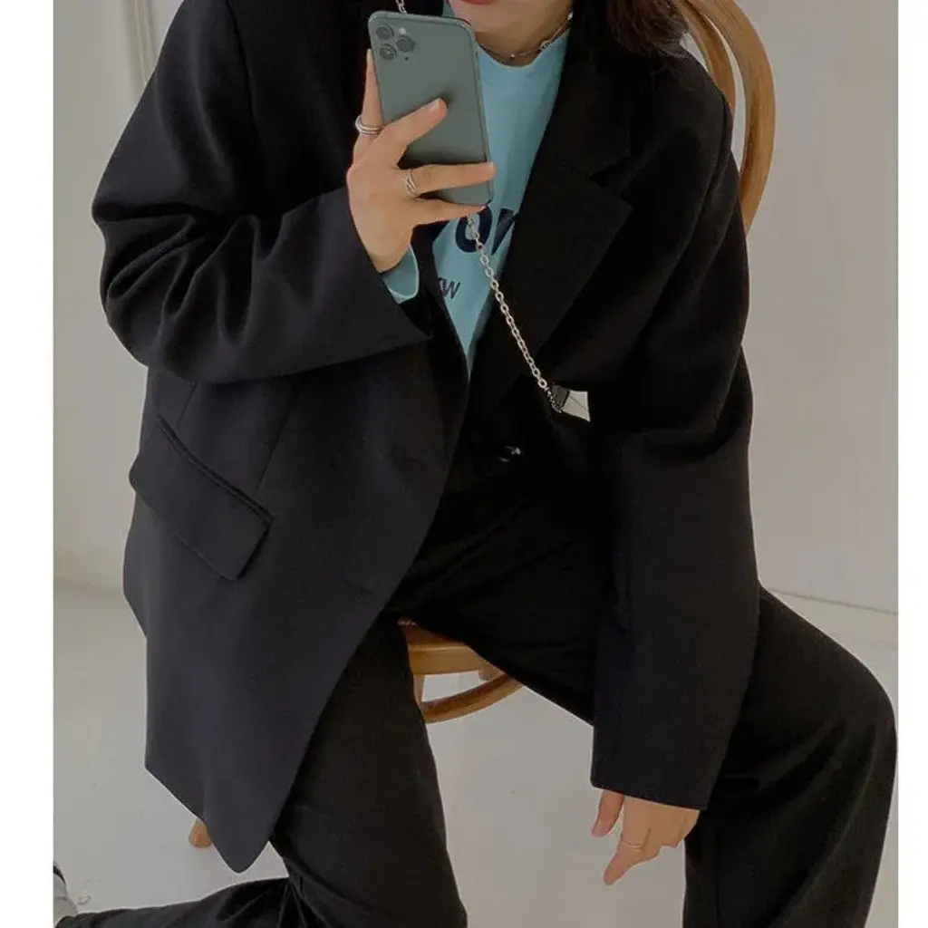 

Women's Casual Suit Jacket Korean Style Loose Fit Spring Fall Trendy Top for Students Versatile Hong Kong Style