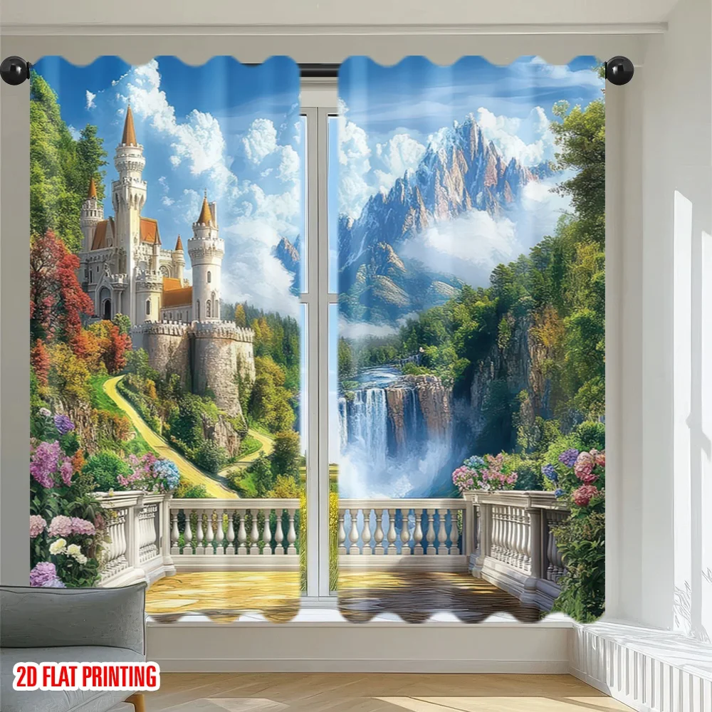 2D flat printing 2pcs Window Curtains Castle Mountain View Digital Printed Polyester Drapes Family Party Decoration Use for