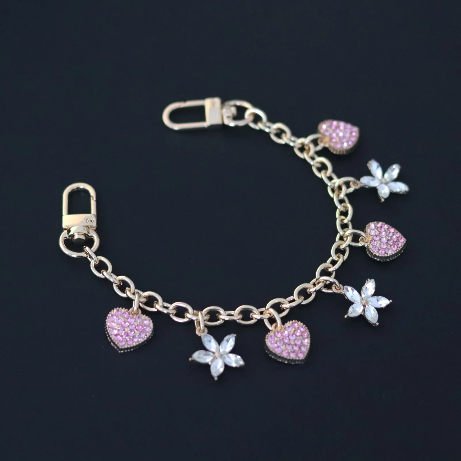 핸드 손목 스트랩 휴대폰 랜야드 골든 메탈 키 체인 가방, 매력 장식 가방, 확장 체인, 반짝이는 핑크 하트 꽃 펜던트