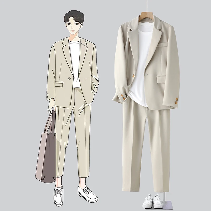 

2024 New Men's Autumn Loose Casual Fashion Handsome Hong Kong Style Suit Suit (clothes + Pants) A Complete Suit of Two Sets