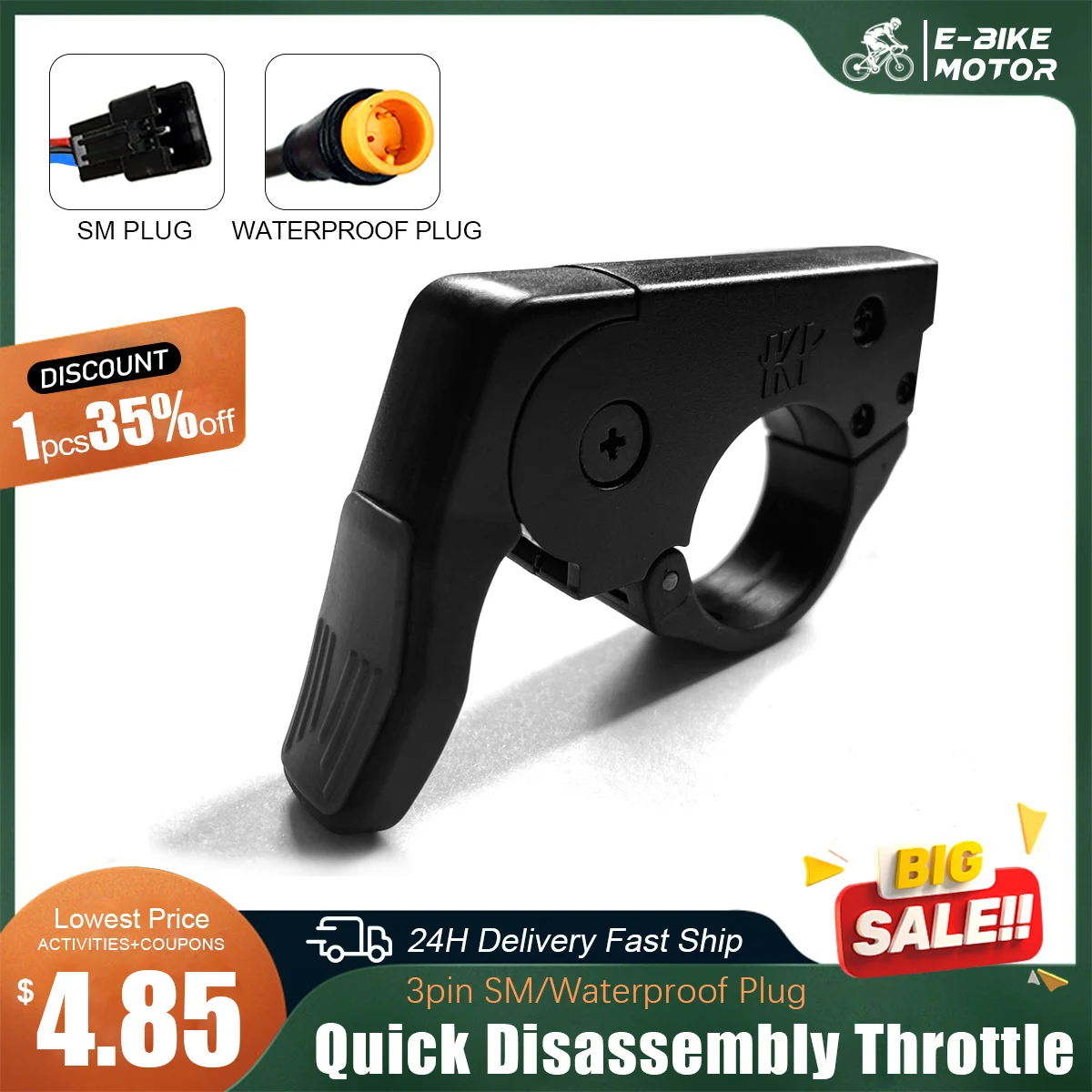 

Ebike Thumb Throttle Quick Disassembly 12V 24V 36V 48V 72V Fit Left/Right Hand Finger Throttle for Electric Bike Kit Accessories