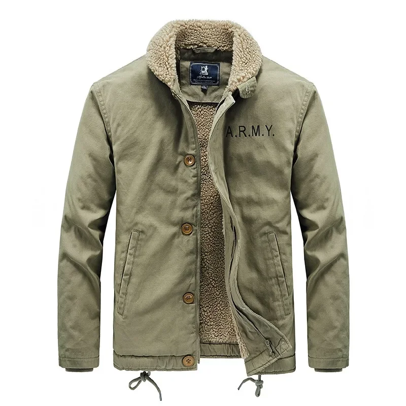 Lamb Wool Short Jacket Men's Winter Thick Fur Collar with Plush Workwear Pilot Jackets Cotton Coat