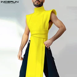 Fashion Casual Style Tops INCERUN Men's Semi High Neck Irregular Hem Vests Male Long-style Solid Long Sleeveless Tank Tops 2024