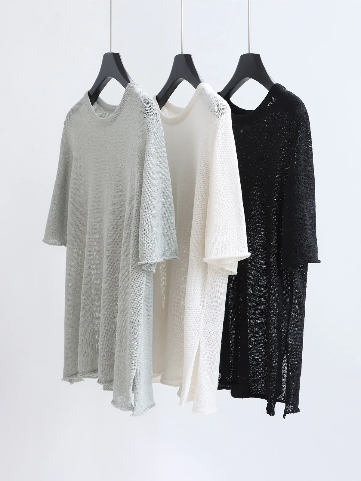 

Dave&di Summer Split Knitted Shirt With Paper Yarn Short Sleeve Casual Round Neck Hoodie Loose Thin Simple T-shirt