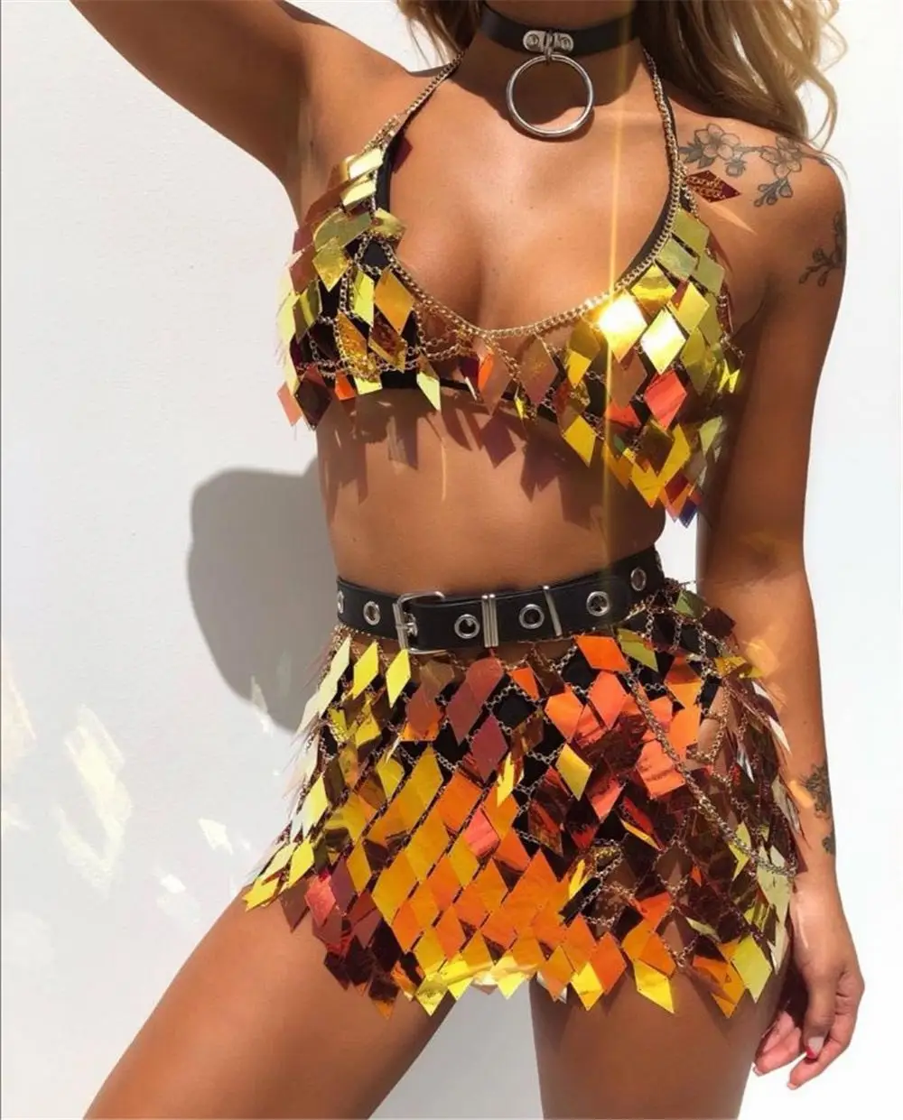 New Punk Fashion Sexy Outwear Nightclub Performance Dress Handmade Metal Sequins Set Illusionary Mirror Bikini