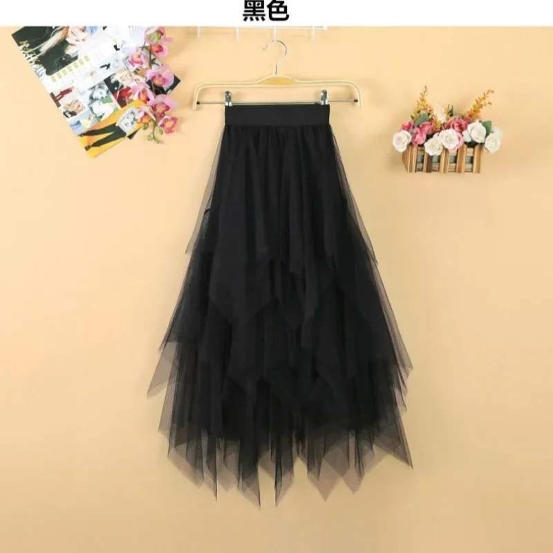 Women Gauze Irregular Skirt Female Students Korean Fairy Pleated Skirt  Long Gauze Skirts Tulle Ladies  A-line Voile Dance Dress