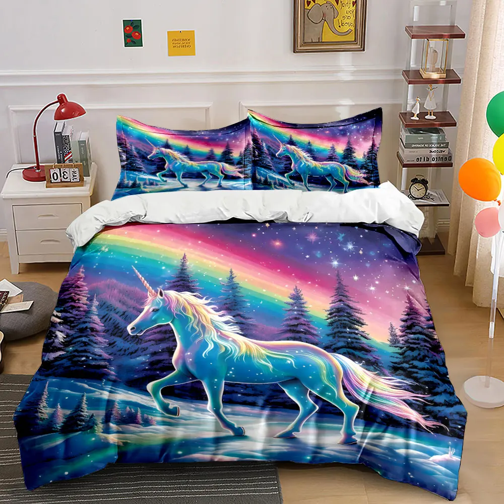 

Dreamy Unicorn and Rainbow Forest Printed Duvet Cover Set1 Duvet Cover+2 PillowcaseMulti Size Bedroom Bedding Decor