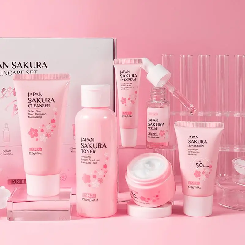 Sakura Facial Cleaner Korean Face Serum Anti Acne Peeling Gel Moisturize Fade Dark Circles Eye Cream Skin Care Set women gift