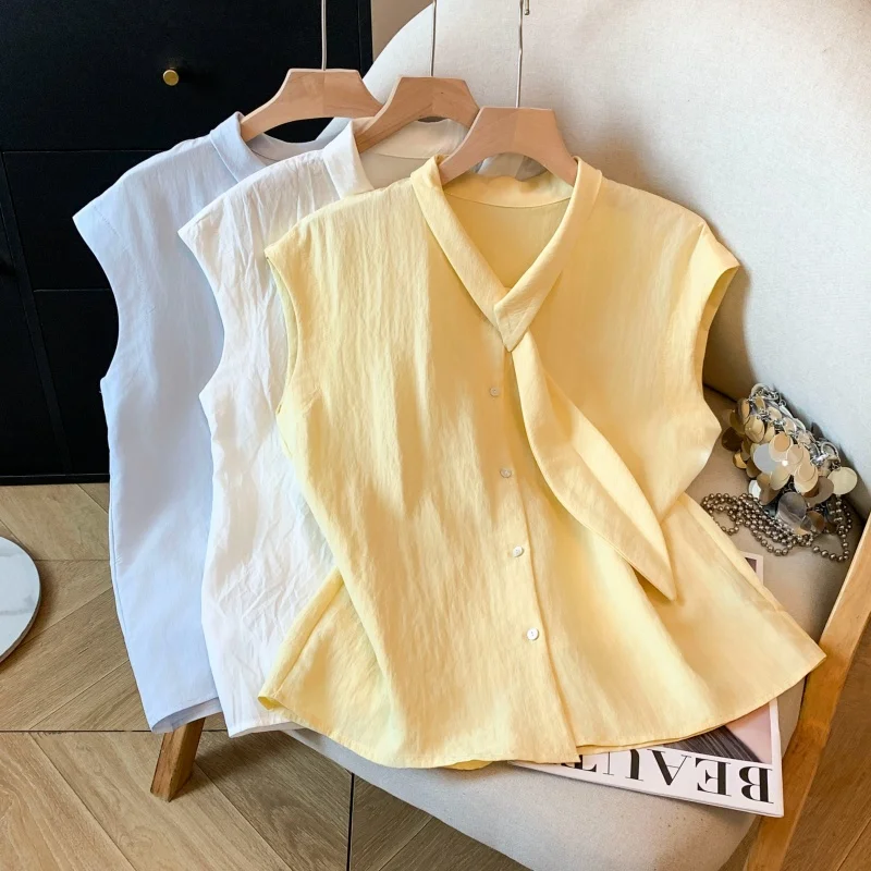 

Sweet And Stylish Yellow Single-Button Short-Sleeve Women's Shirt Korean Style Slimming Versatile Necktie Top for Summer