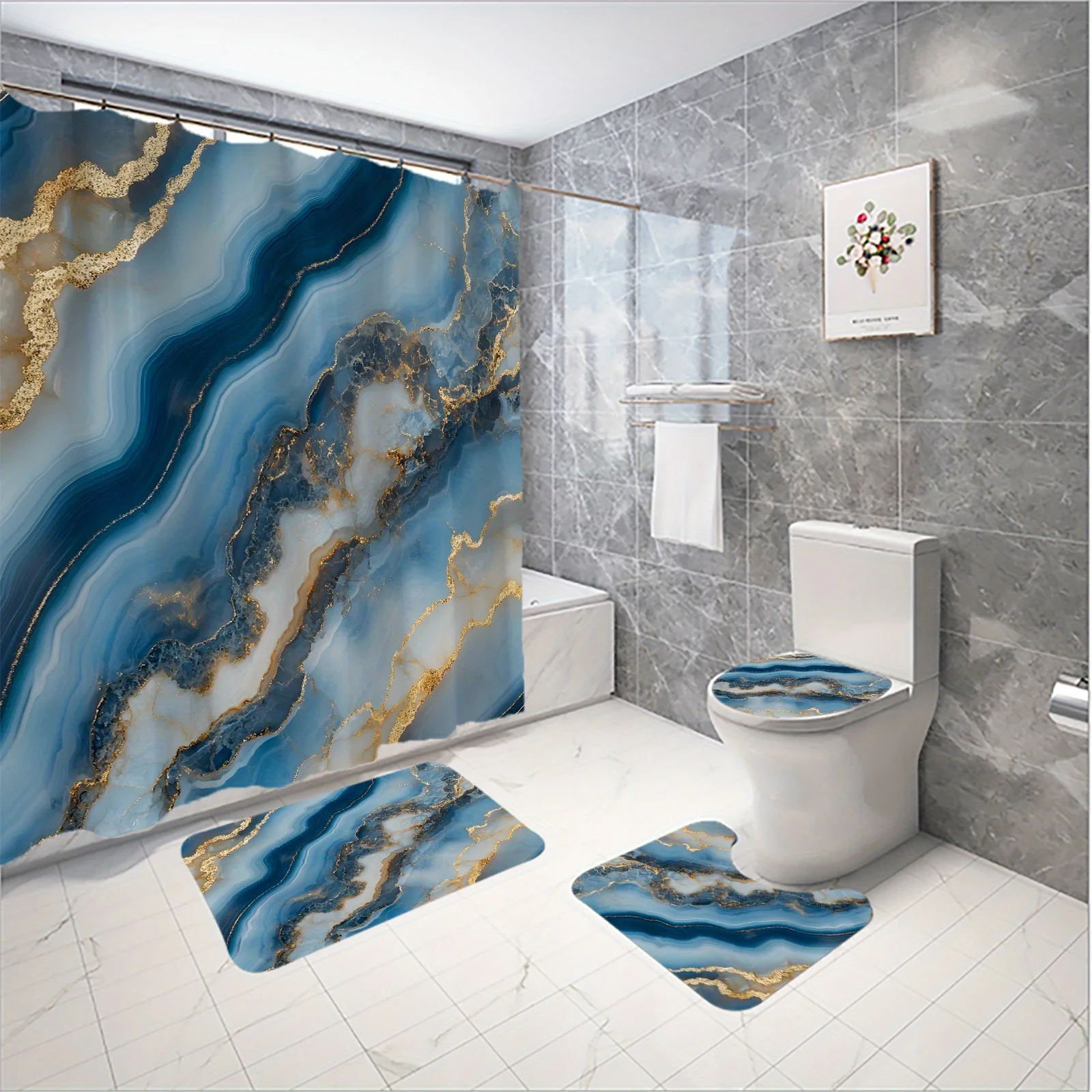 

4pc Blue and gold dreamy marble pattern bathroom set, U-shaped mat, non-slip mat, toilet seat cover, shower curtain.