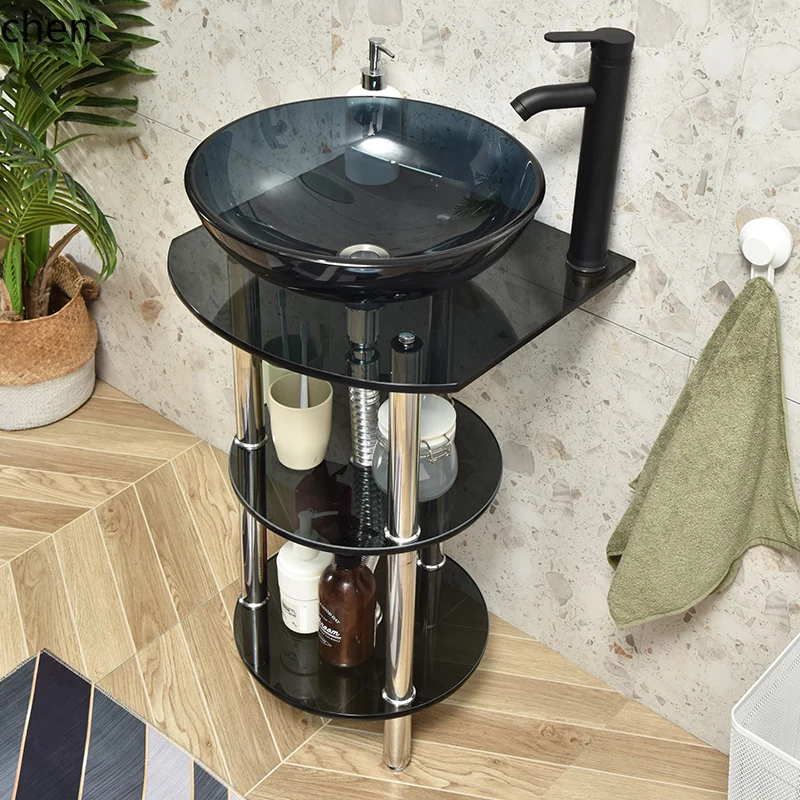 

HTT simple tempered glass washbasin basin, household bathroom washbasin cabinet combination, balcony floor-to-ceiling washbasin