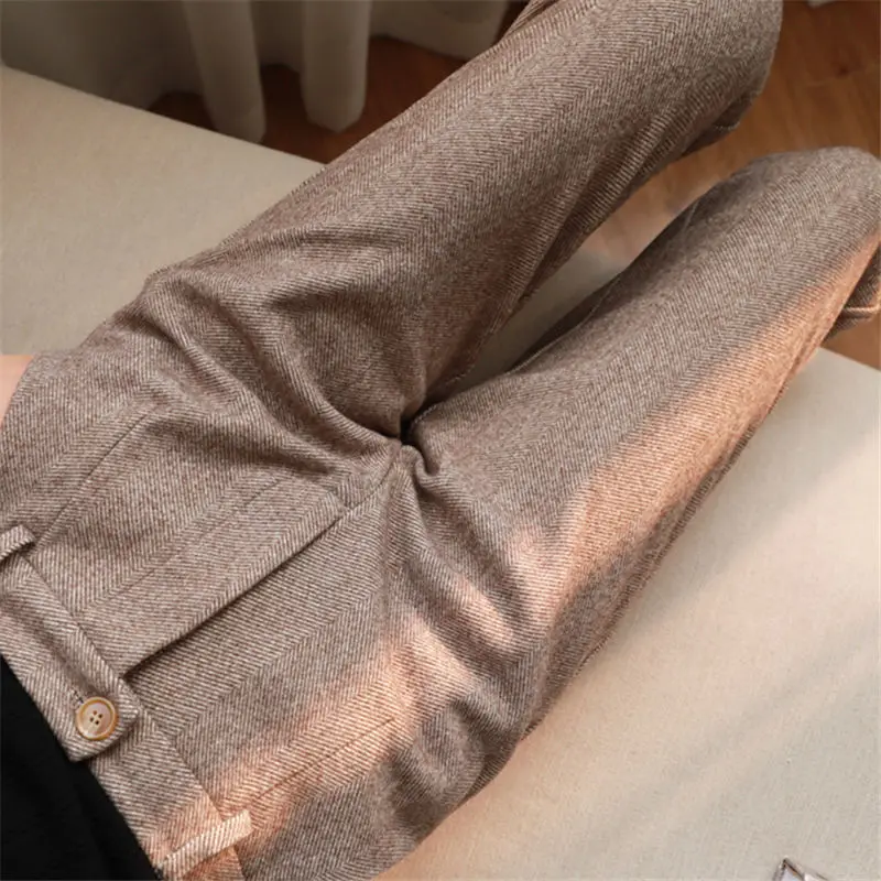 Woolen Pants Women\'s Harem Pencil Pants Spring High Waist Pockets  3XL Suit Pants Office Lady Stripde Zipper Trousers