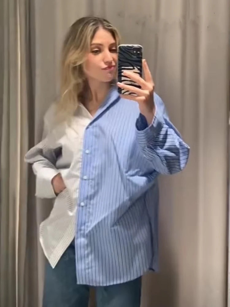 HH femmes mode polyvalent rayé à manches longues 8 couleurs chemise femme nouvelle épissage revers ample simple boutonnage chemises décontractées