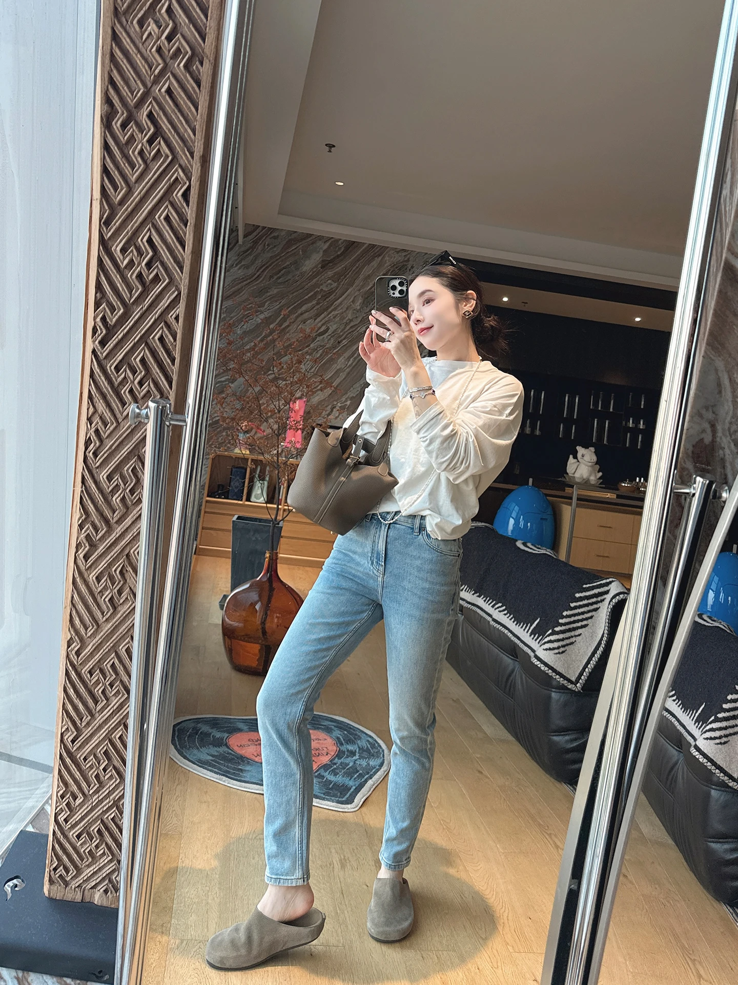 

Mandyen Slimming High Waist Denim Jeans Waed Light Blue Cotton Feel Casual Small Footed Pants Long Trousers