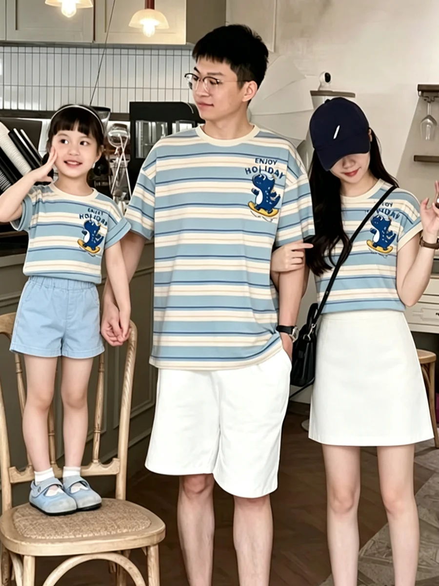 Summer Family Matching Striped Dinosaur Print T Shirt and Dress Set for Mom Dad Baby Casual Daily Wear Top mommy and me outfits