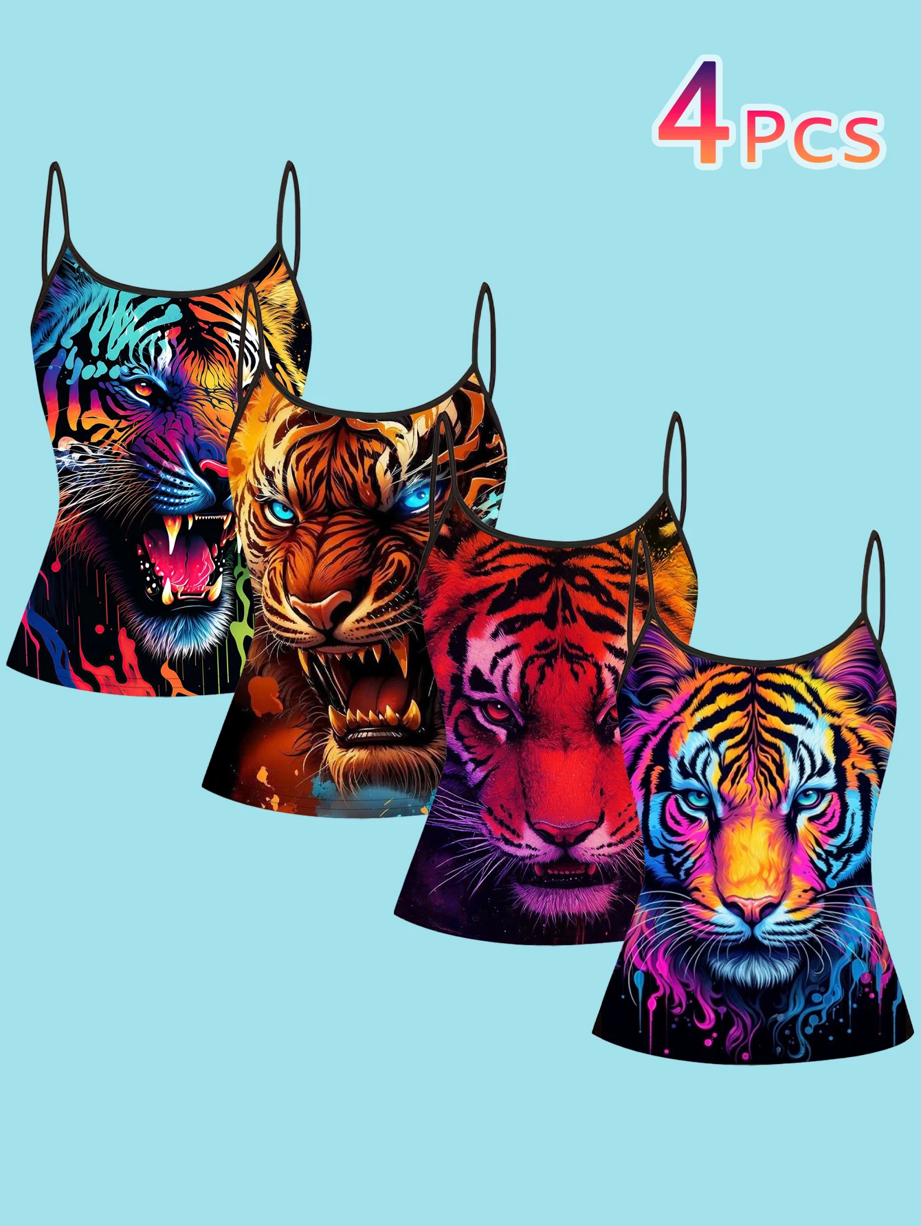 4-Piece Set of Women's Colorful Tiger Print Camisoles, American-Style Graffiti Tiger Head Fluid Color Slim-Fit Spaghetti Strap Tops