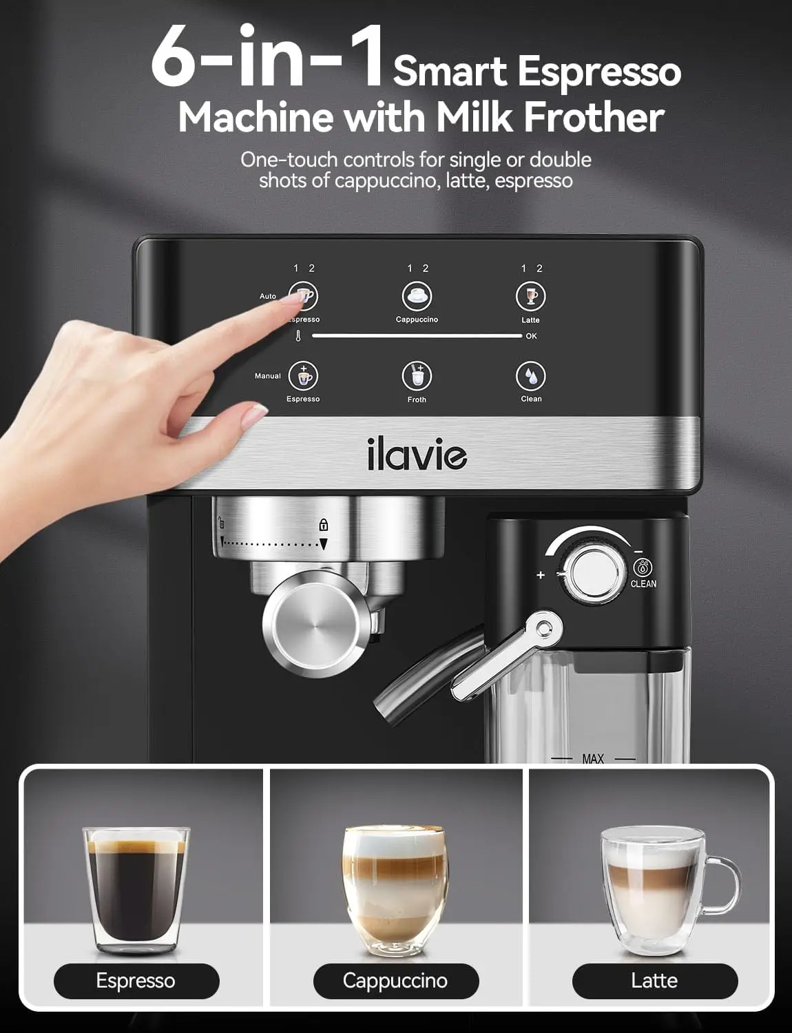 Machine Cappuccino Latte Coffee Espresso Maker, Auto Milk for Smooth Milk Bubbles, Detachable Milk reservoir, 2