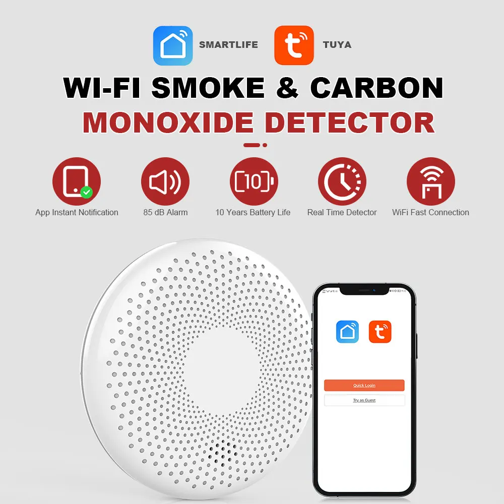 Smart Life Wireless Combined Alarm Detector Wifi Tuya S m o ke and CO Alarm  Ultra Thin Design 2 in 1 Safety Detector