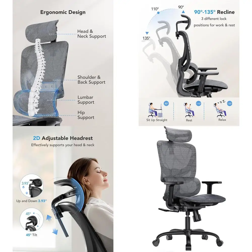 

Эргономичное офисное кресло с высокой спинкой из сетки, 5-уровневой поясничной поддержкой, регулируемыми подлокотниками и функцией качания для комфортной работы или отдыха