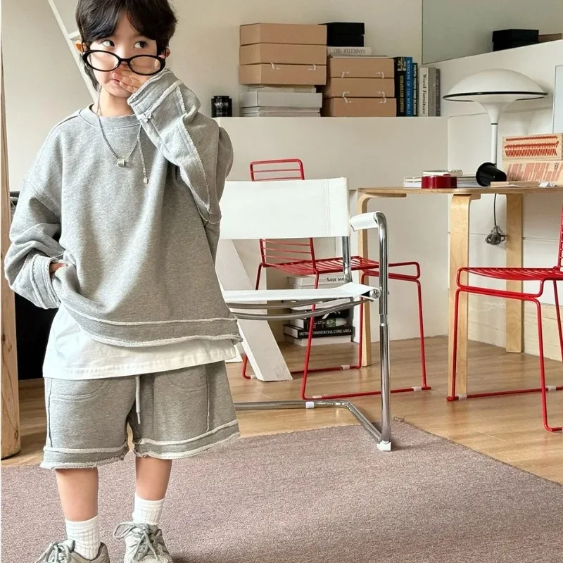 Children's Splicing Edge Hoodie Shorts Set 2025 Spring Summer Collection Fashion Korean Simple Style 2pieces