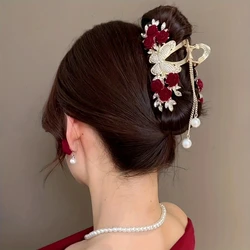 1pc zinc alloy rhinestone red rose hair ornament, retro high-end light luxury headwear, large elegant grab clip on the back of t