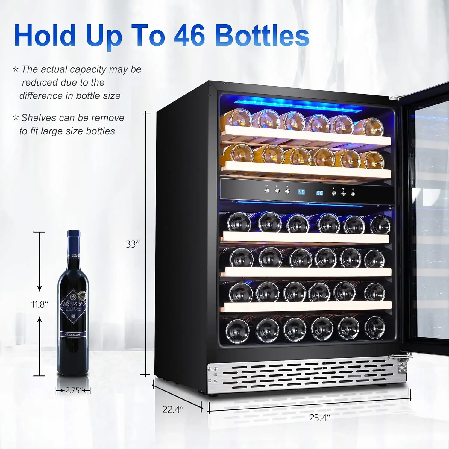 Fridge Under Counter or Freestanding Dual Zones Auto Defrost 6 Removable Shelves Glass Door Quiet for Home Office Bar