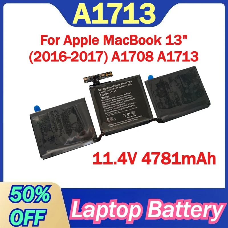 

Аккумулятор для ноутбука A1713 11.4V 4781mAh для Apple MacBook 13 дюймов (2016-2017)