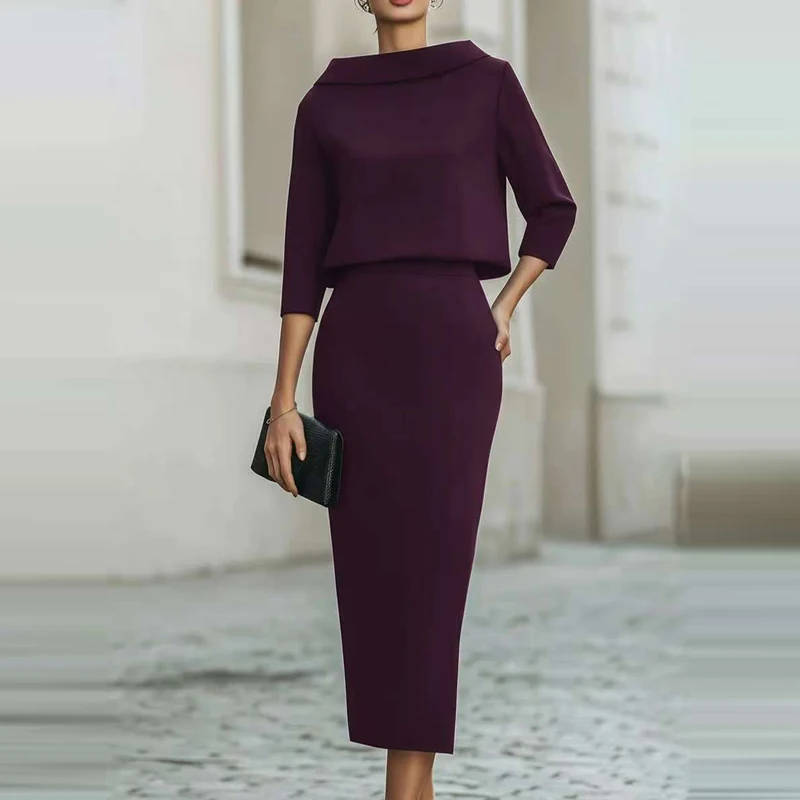 2026 Casual Hight Waist Slim Party Outfits Elegant O-neck 3/4 Sleeve Tops & Midi Skirt Sets Women Commute Solid Two Piece Suit view 6