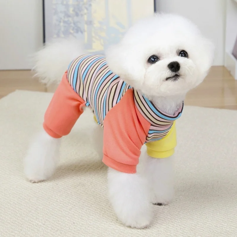 أزياء الكلب أربعة أرجل الملابس قوس قزح المشارب الكلب حللا الدافئة لينة جرو منامة لطيف القط Homewear الحيوانات الأليفة وزرة الكلب وتتسابق #2