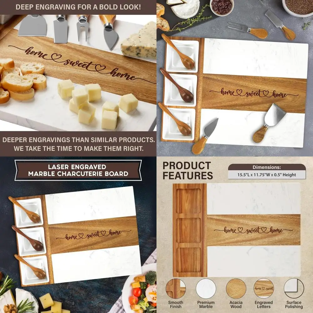 

EMM Marble-Style Serving Set: 3-Piece Charcuterie Boards, 3 Bowls, 3 Spoons, 4 Utensils for Meat, Cheese, Fruits, and More - Per