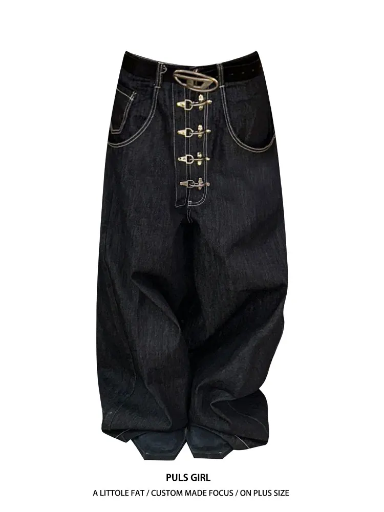 

Loose Women's Retro American Streetwear Denim Jeans High Waist Button Detail Drapey Fashionable Long Trousers for Ladies