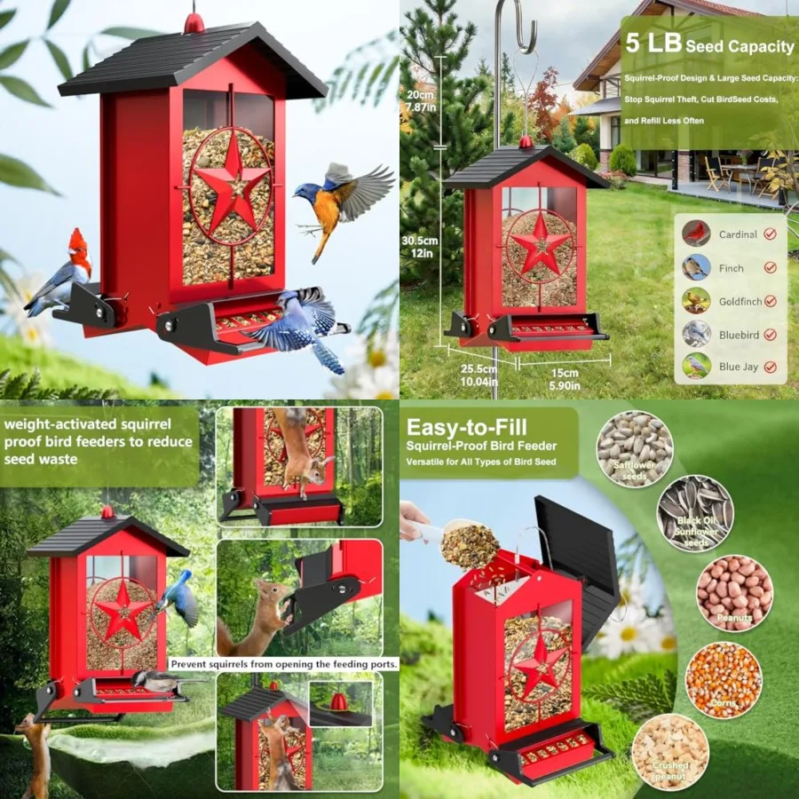 

Squirrel Proof Bird Feeders for Outdoors with Weight-Activated, Metal 5LB Large Wild Bird Feeders for Cardinals, Jay, Finch, We