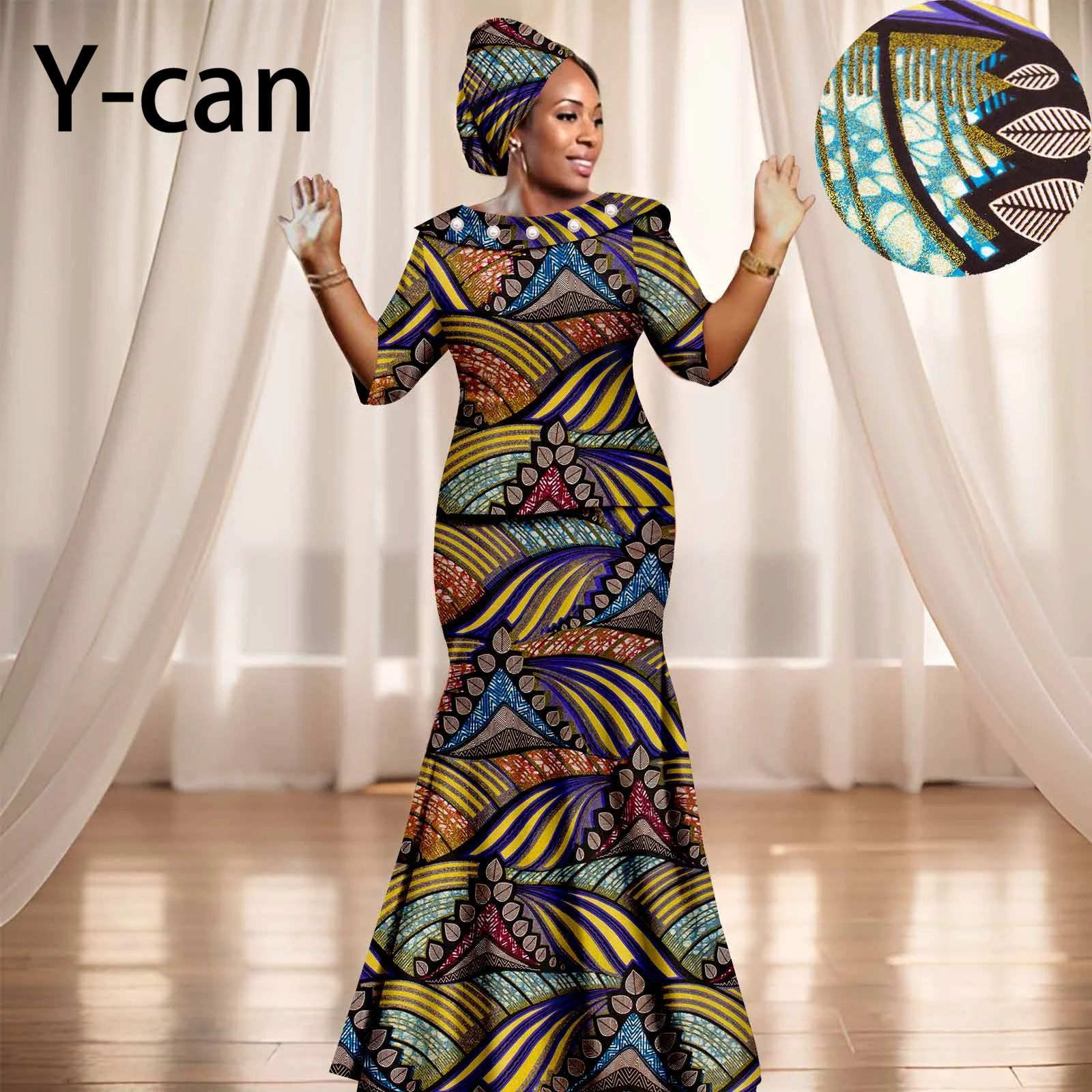 

Africa Women Dress Elegant Women Traditional Ankara Top Mermaid Skirt Free Headscarf for Wedding Party Women 2 Piece Set 2426024