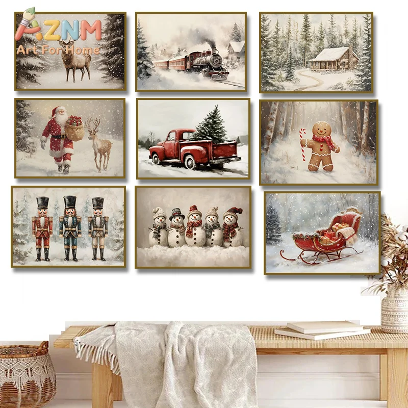 AZNM Frameless 2D Flat Vintage Winter Christmas Snowman Deer Santa Canvas Print, Reusable Rustic Holiday Scene Home Wall Art Dec