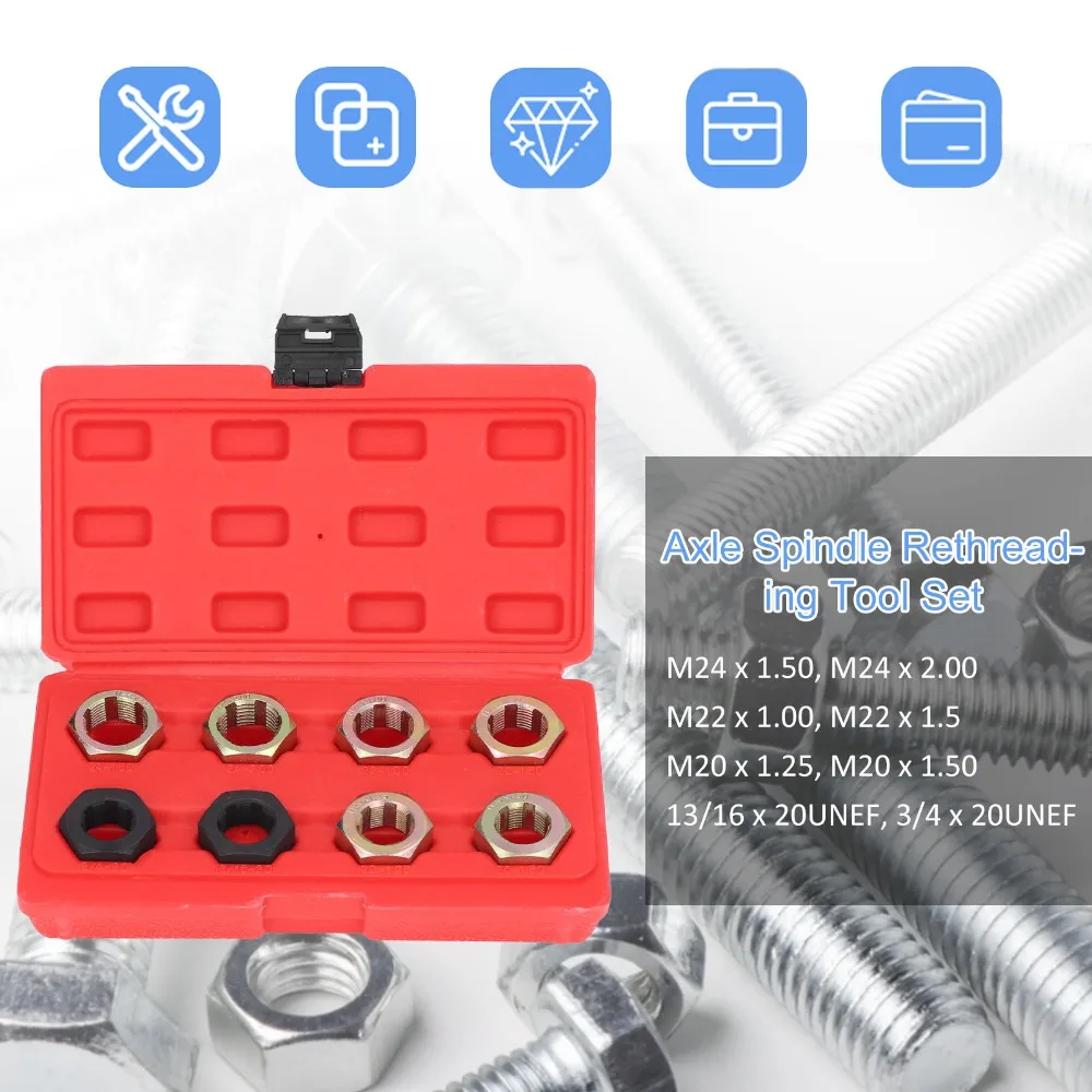 8PCS Multi-Size Axle Spindle Thread Chaser Set M20 M22 M24 UNEF 13/16