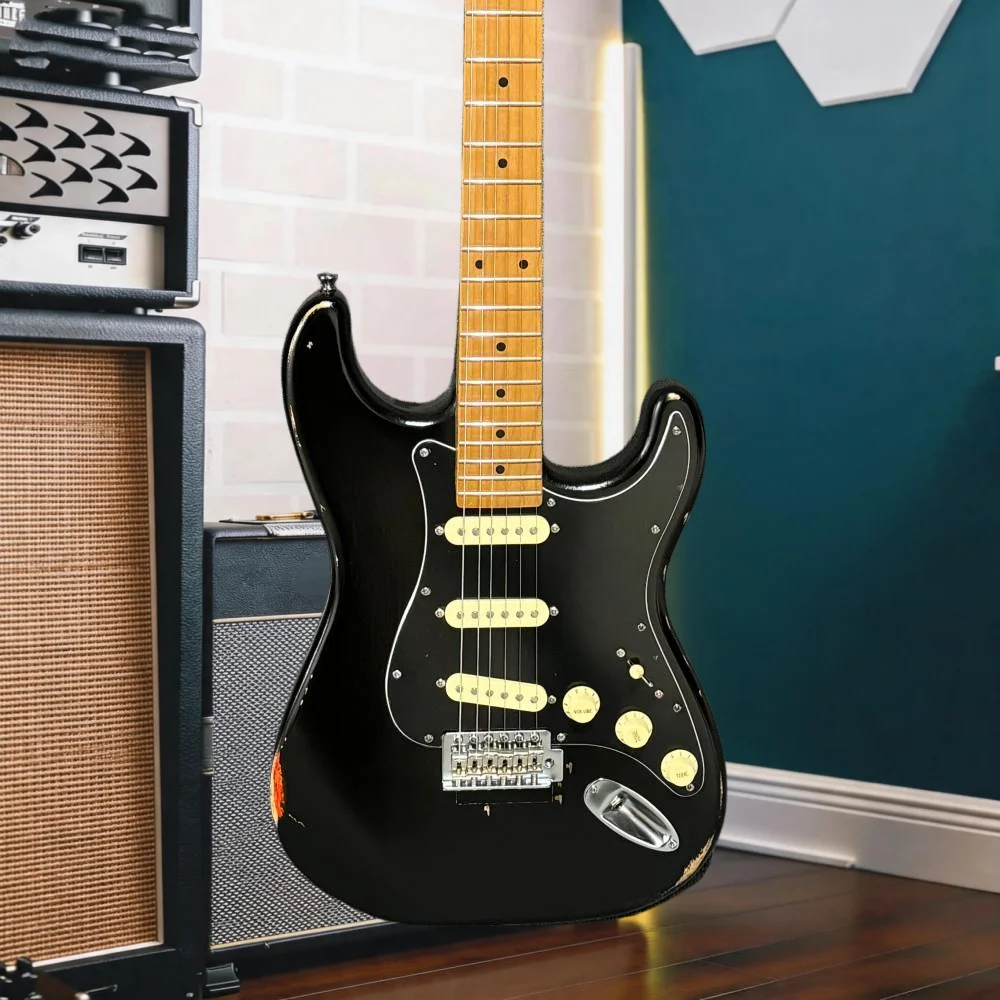 Black Heavy Worn Make Old STQW Electric Guitar 3 Single Coil Pickups White Pickguard Gold Hardware Vintage Tremolo