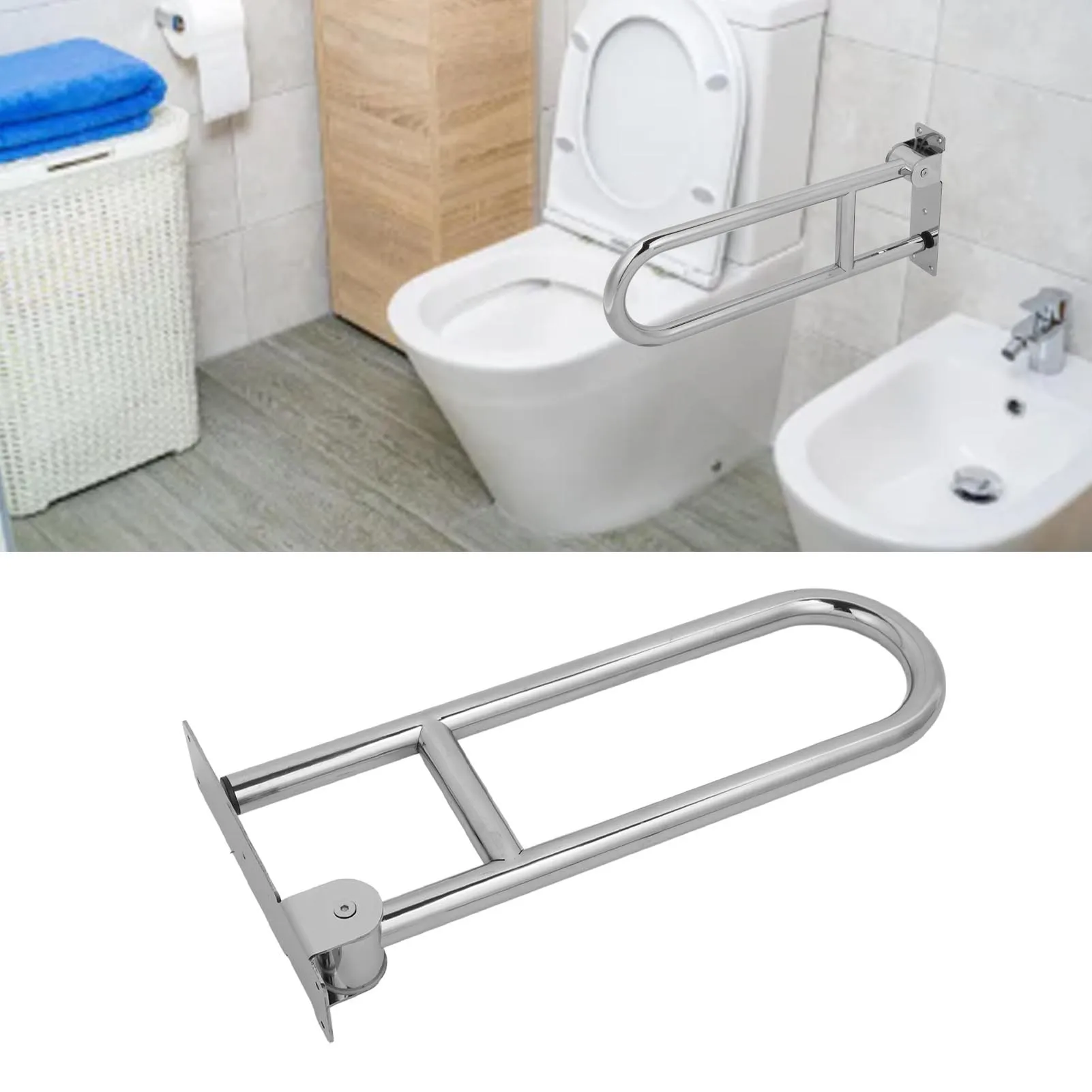 Flip Up Bathroom Toilet Grab Bar Stainless Steel Ergonomics 90° Vertical Rotation Wall Mount Toilet Handrails for Old People
