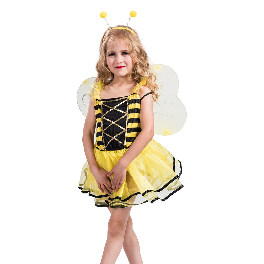 Girls Bumble Bee Costume Kids Bee Fairy Dress with Bee Antenna Headband and Bee Wings for Halloween, Party Dress Up Set