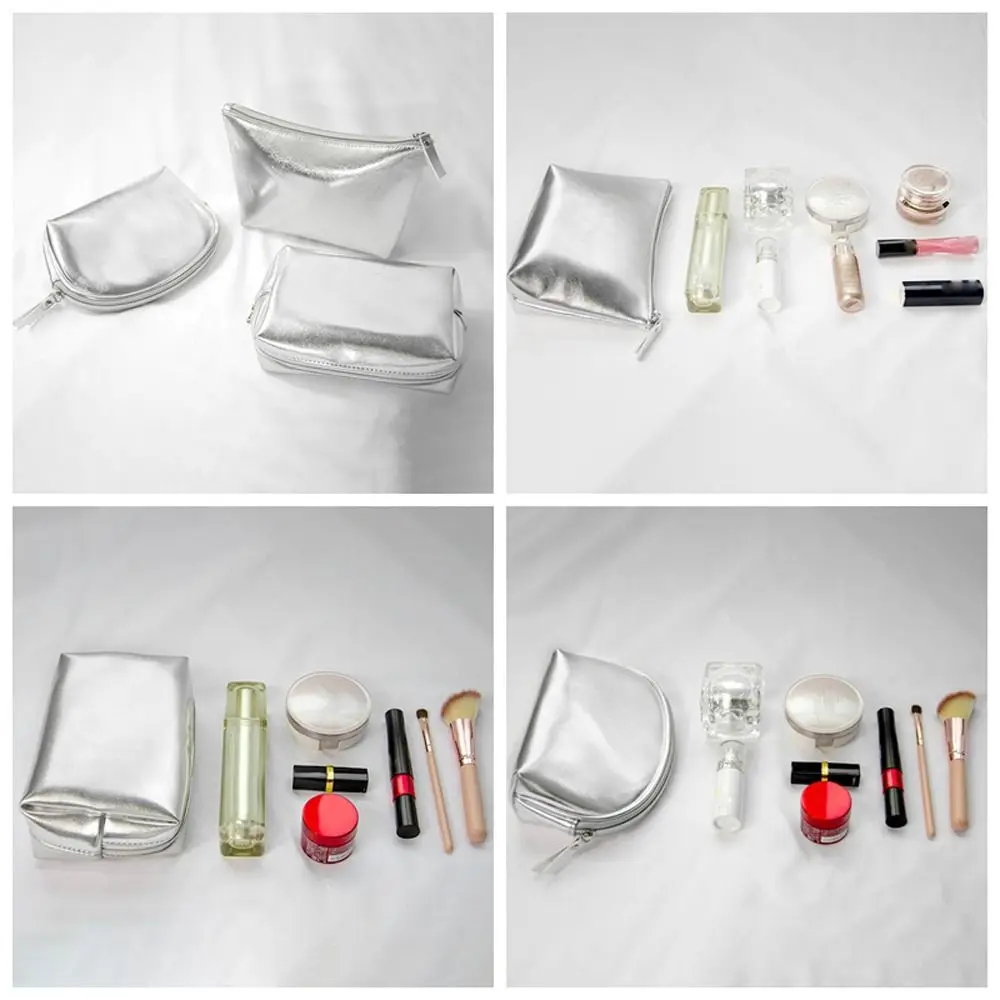 Korean PU Leather Shell Makeup Bag Silver Color Rectangle T Shape Cosmetic Handbag Solid Color Lipstick Bag