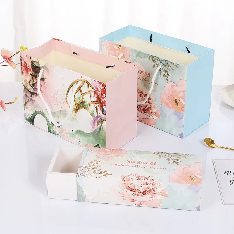 

5/10Pcs Chinese Style Flower Colored Foldable Drawer Boxes Baking Packaging Box Cookie Gift Snowflake Pastry Gift Box Wholesale