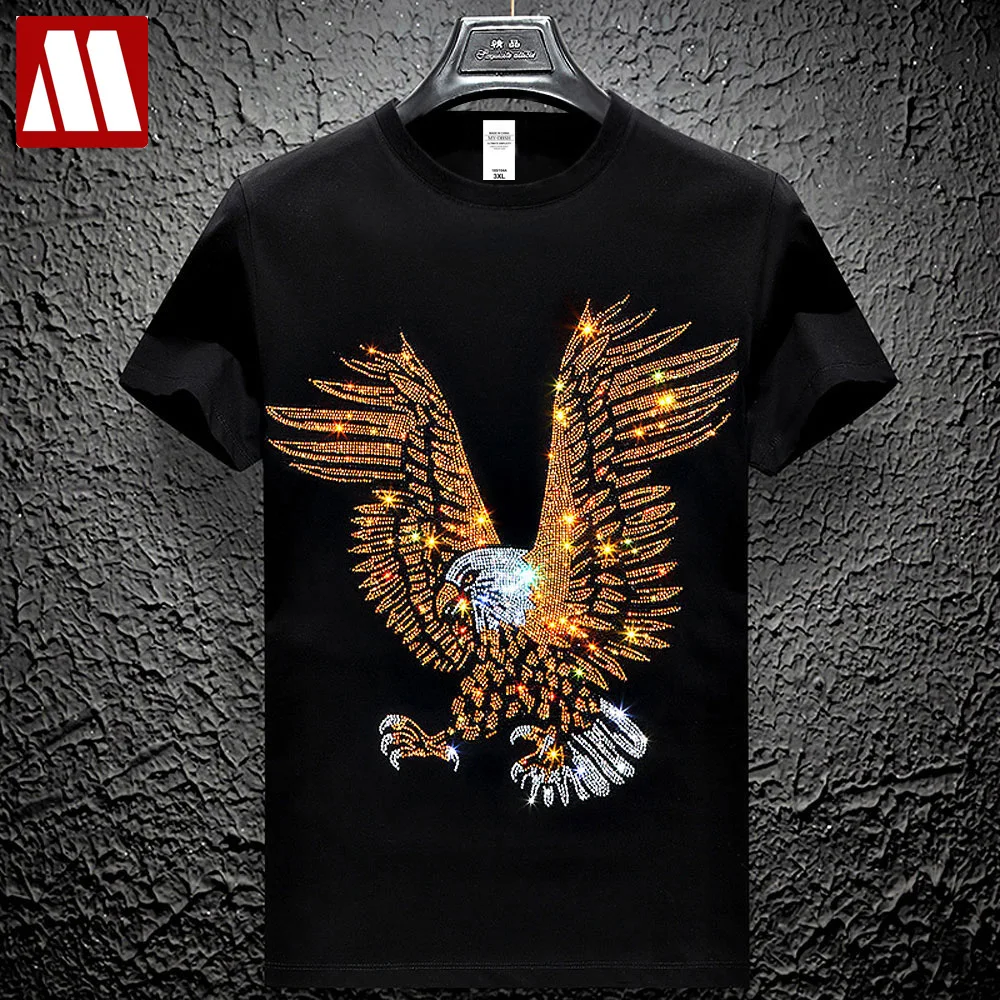 

Fashion Streetwear Man Falcon Clothing Animal Eagle 3D Rhinestone T-shirt Summer Casual Men Hawk T shirts Male Short Sleeve Tops