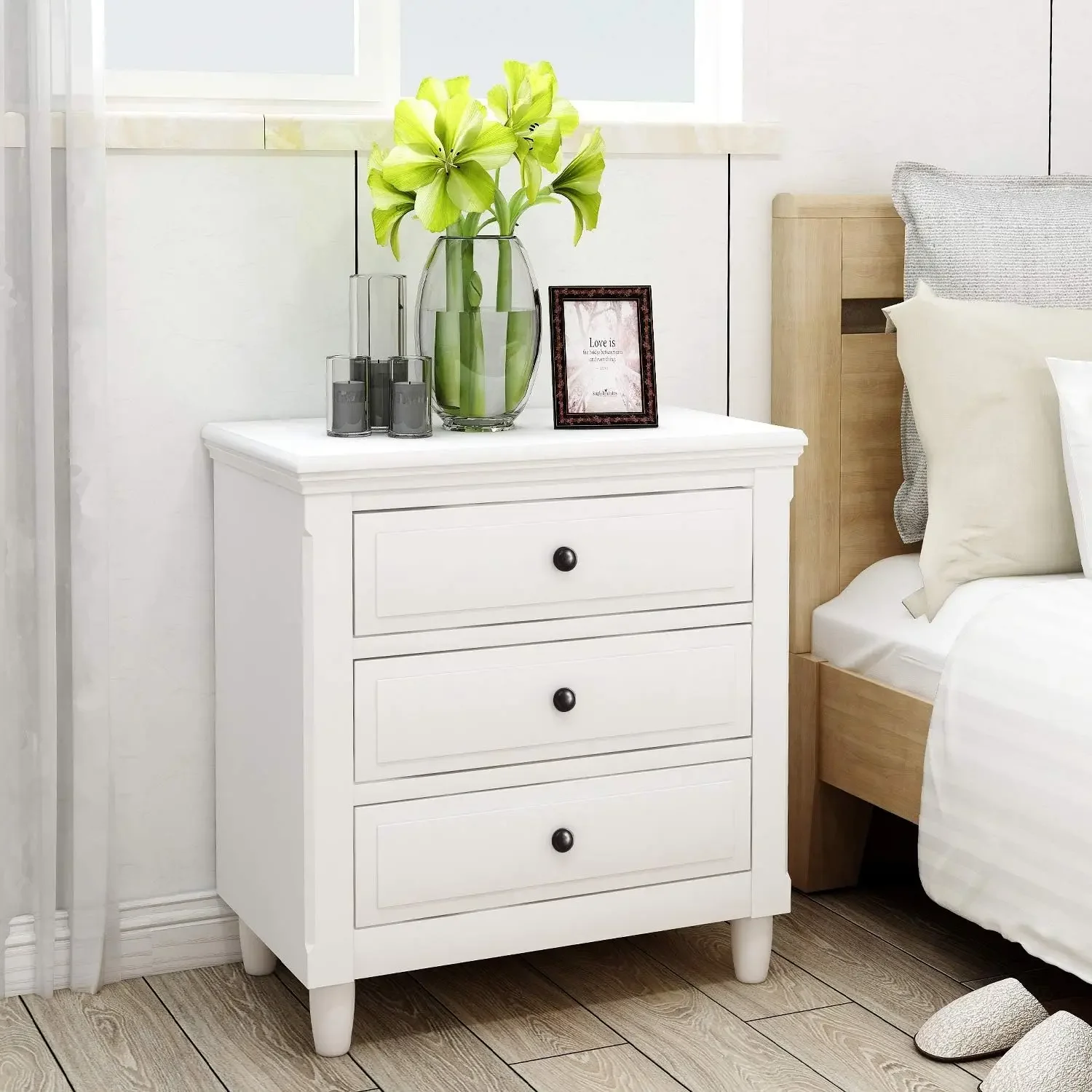 3 Drawer Wood Nightstand Set of 2, White Wood Bedside Table,3 Drawers Dresser Side End Table Cabinet Drawers Chest