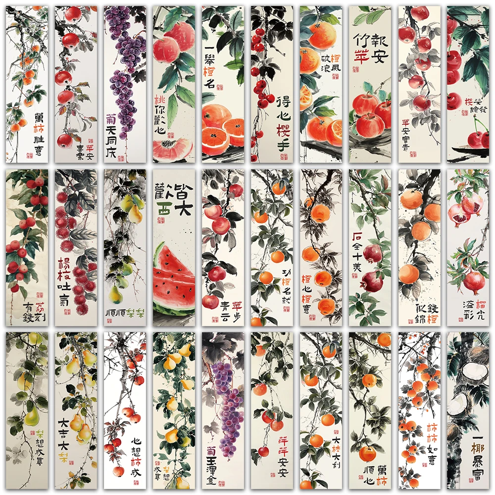 30pcs Lucky Bookmarks With Chinese  Fruit Homophonic Persimmon Blessing Words Decorative Reading Books Notebook Mark Cards